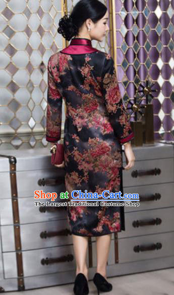 Chinese Traditional Printing Peony Black Cheongsam Tang Suit Qipao Dress National Costume for Women