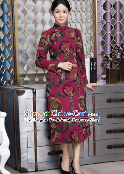 Chinese Traditional Printing Phoenix Wine Red Cheongsam Tang Suit Qipao Dress National Costume for Women