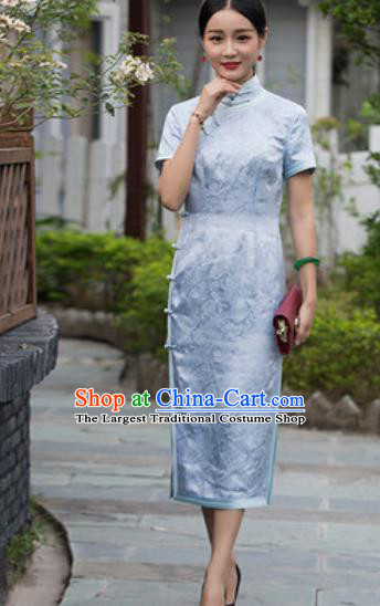 Chinese Traditional Light Blue Silk Cheongsam Tang Suit Qipao Dress National Costume for Women