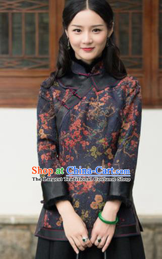 Chinese Traditional Tang Suit Upper Outer Garment Printing Navy Blouse National Costume for Women