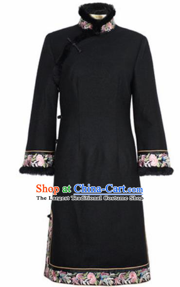 Chinese Traditional Black Woolen Embroidered Cheongsam Tang Suit Qipao Dress National Costume for Women