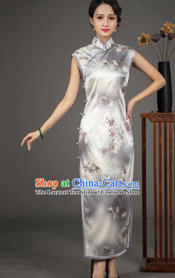 Chinese Traditional Printing Grey Silk Cheongsam Tang Suit Qipao Dress National Costume for Women