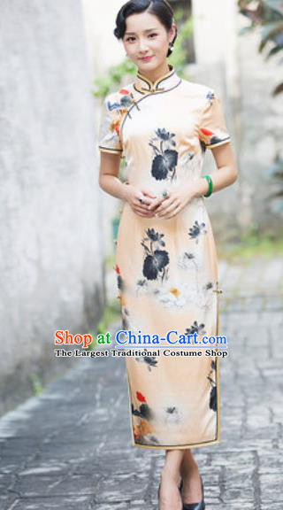 Chinese Traditional Printing Lotus Silk Cheongsam Tang Suit Qipao Dress National Costume for Women