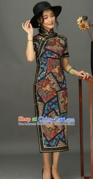 Chinese Traditional Printing Black Silk Cheongsam Tang Suit Qipao Dress National Costume for Women