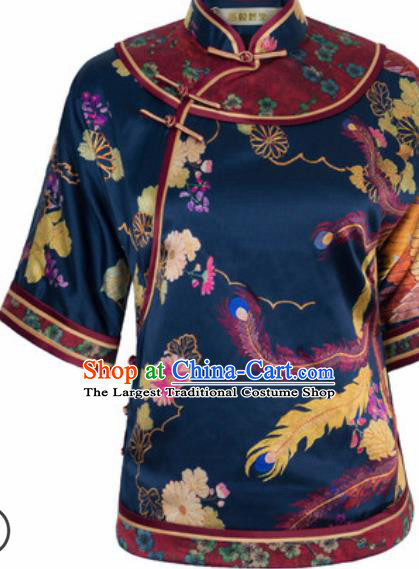 Chinese Traditional Tang Suit Upper Outer Garment Printing Phoenix Navy Silk Blouse National Costume for Women