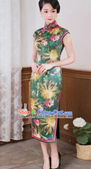 Chinese Traditional Printing Green Silk Cheongsam Tang Suit Qipao Dress National Costume for Women