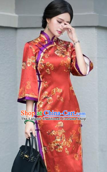 Chinese Traditional Printing Plum Blossom Silk Cheongsam Tang Suit Qipao Dress National Costume for Women