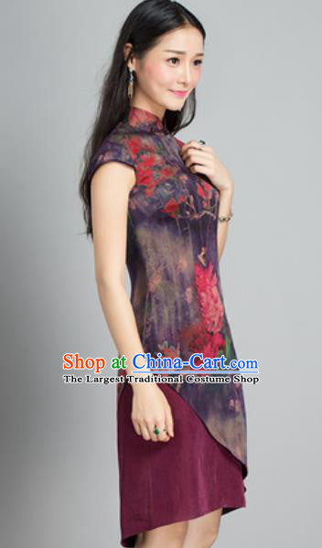 Chinese Traditional Printing Peony Purple Silk Cheongsam Tang Suit Qipao Dress National Costume for Women