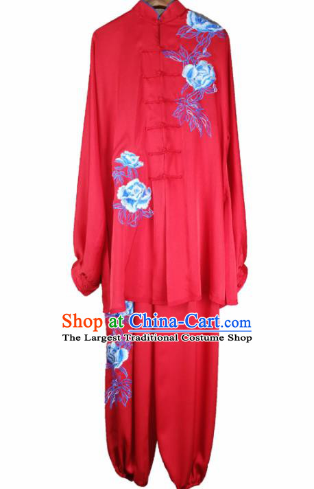 Chinese Traditional Martial Arts Costume Kung Fu Tai Chi Printing Peony Red Clothing for Women