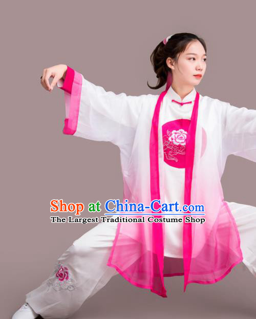 Chinese Traditional Kung Fu Competition Embroidered Peony Rosy Costume Martial Arts Tai Chi Clothing for Women