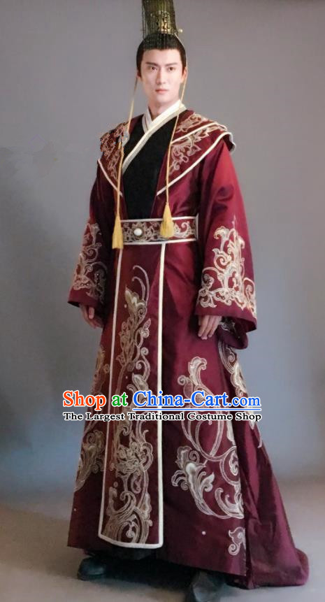 Chinese Ancient Drama Hanfu Clothing Northern Zhou Dynasty Emperor Yuwen Yong Embroidered Historical Costume and Headpiece for Men