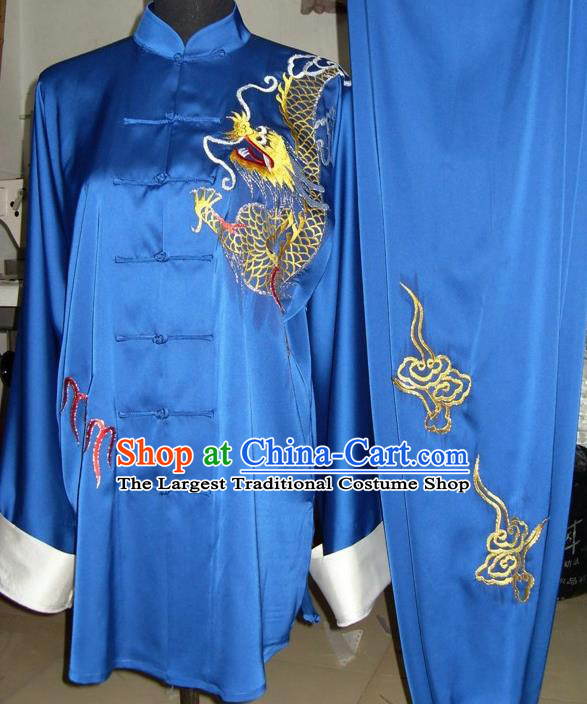 Chinese Traditional Kung Fu Competition Costume Tai Chi Martial Arts Embroidered Dragon Blue Clothing for Men