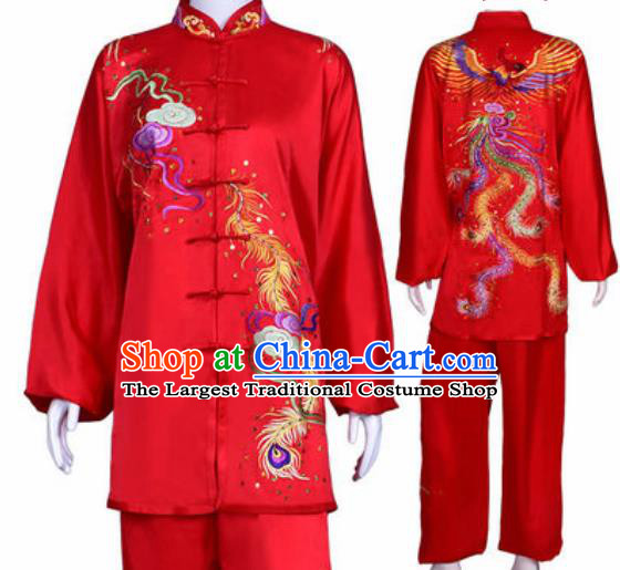 Chinese Traditional Kung Fu Competition Costume Martial Arts Tai Chi Embroidered Phoenix Red Clothing for Women