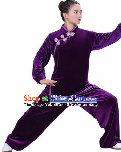 Chinese Traditional Kung Fu Competition Costume Martial Arts Tai Chi Purple Velvet Clothing for Women