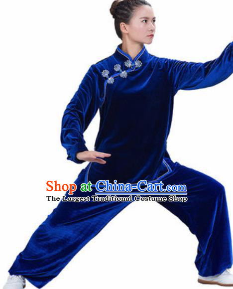 Chinese Traditional Kung Fu Competition Costume Martial Arts Tai Chi Royalblue Velvet Clothing for Women