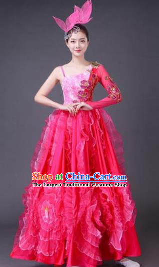 Chinese Traditional Spring Festival Gala Dance Costume Opening Dance Stage Performance Rosy Peony Dress for Women