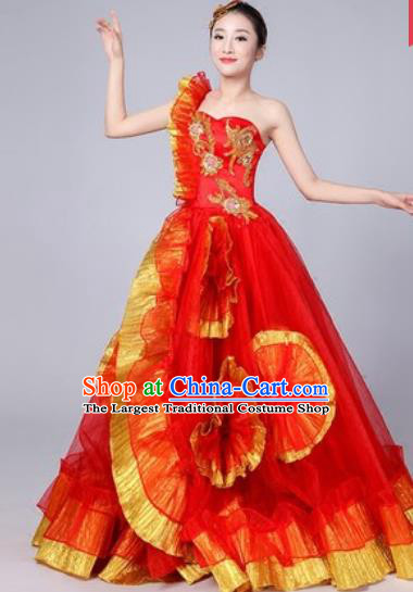 Chinese Traditional Spring Festival Gala Dance Costume Opening Dance Stage Performance Red Veil Dress for Women