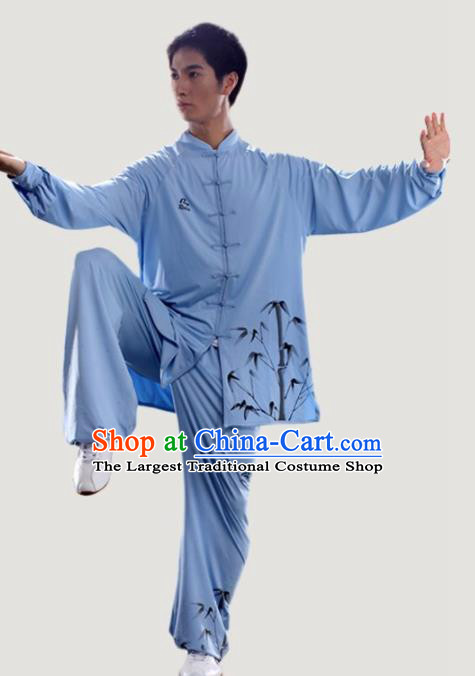 Chinese Traditional Kung Fu Competition Printing Bamboo Blue Costume Tai Chi Martial Arts Clothing for Men