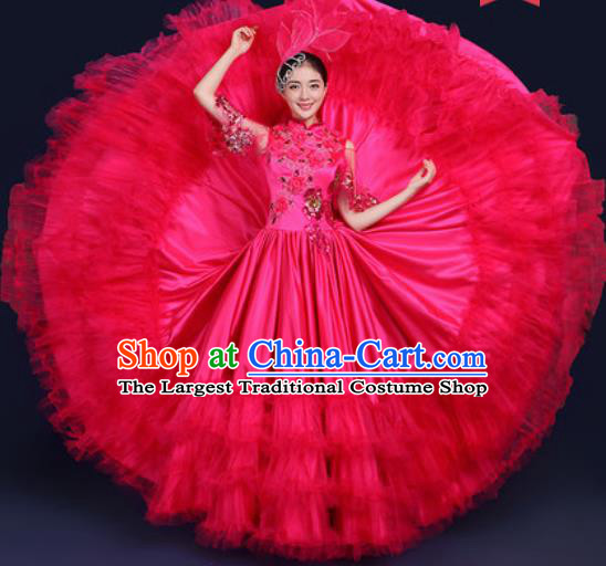 Chinese Traditional Peony Dance Stage Performance Rosy Veil Dress Spring Festival Gala Dance Costume for Women