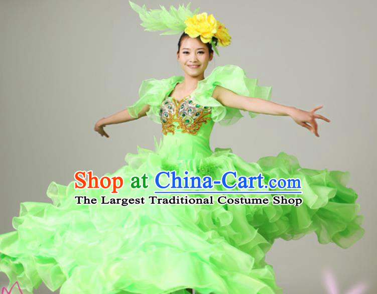 Chinese Traditional Opening Dance Green Bubble Dress Spring Festival Gala Stage Performance Costume for Women