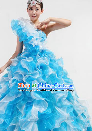 Chinese Traditional Opening Dance Blue Bubble Dress Spring Festival Gala Stage Performance Costume for Women