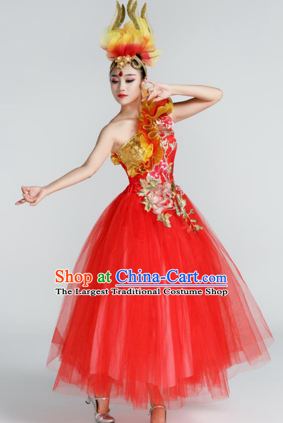 Chinese Traditional Opening Dance Red Veil Dress Spring Festival Gala Stage Performance Chorus Costume for Women