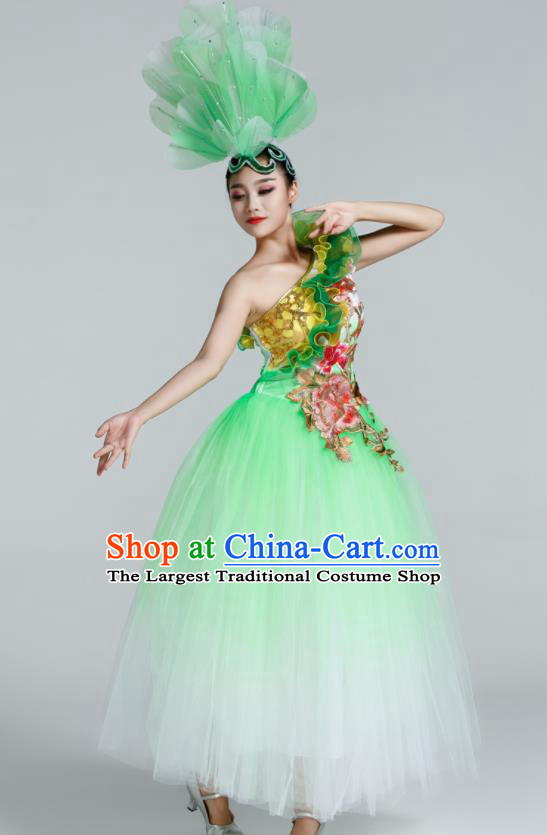 Chinese Traditional Opening Dance Green Veil Dress Spring Festival Gala Stage Performance Chorus Costume for Women