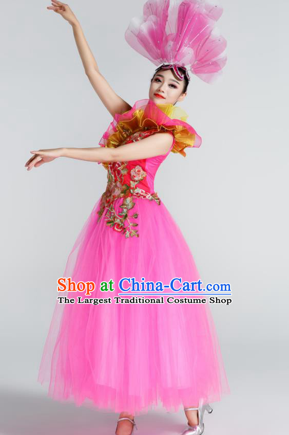 Chinese Traditional Opening Dance Rosy Veil Dress Spring Festival Gala Stage Performance Chorus Costume for Women