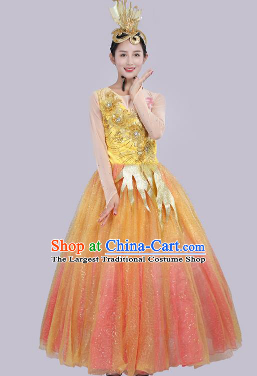 Chinese Traditional Opening Dance Orange Bubble Dress Spring Festival Gala Stage Performance Chorus Costume for Women