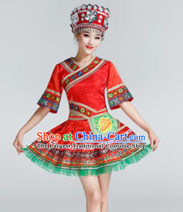 Chinese Traditional Ethnic Dance Costume Miao Nationality Stage Performance Red Dress for Women