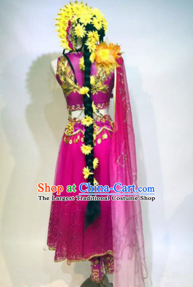 Chinese Traditional Ethnic Dance Costume Indian Dance Stage Performance Rosy Dress for Women
