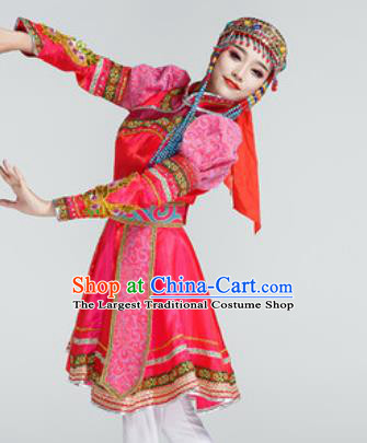 Chinese Traditional Ethnic Dance Costume Mongolian Dance Stage Performance Rosy Dress for Women