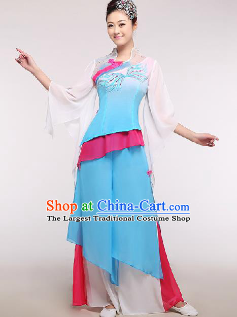 Chinese Traditional Fan Dance Costume Classical Dance Stage Performance Blue Dress for Women