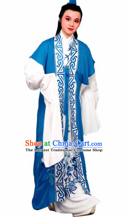 Chinese Traditional Peking Opera Nobility Childe Blue Embroidered Robe Beijing Opera Niche Costume for Men