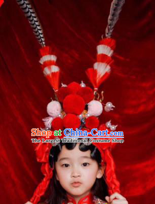 Chinese Traditional Beijing Opera Red Phoenix Coronet Headwear Peking Opera Diva Hair Accessories for Kids