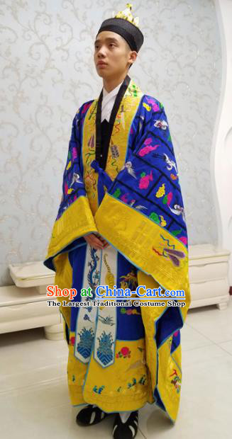 Chinese National Taoism Priest Frock Embroidered Royalblue Cassock Traditional Taoist Priest Rites Costume for Men