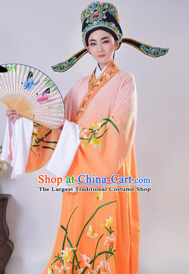 Chinese Traditional Peking Opera Gifted Scholar Embroidered Orchid Orange Robe Beijing Opera Niche Costume for Men