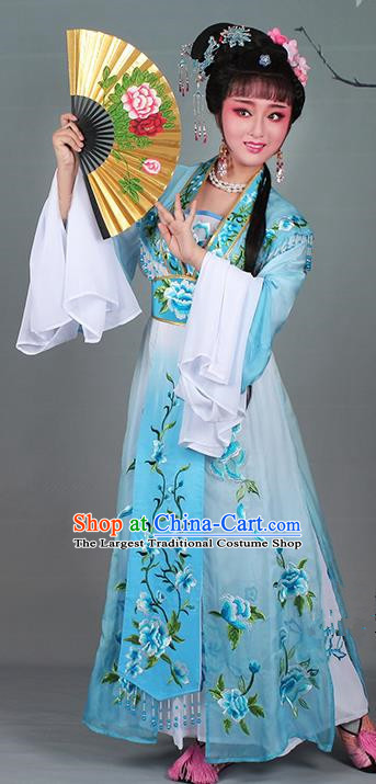 Chinese Traditional Shaoxing Opera Hua Dan Embroidered Blue Dress Beijing Opera Nobility Lady Costume for Women