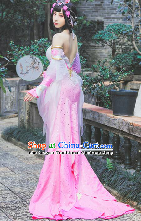 Chinese Traditional Cosplay Princess Embroidered Pink Dress Ancient Swordswoman Costume for Women