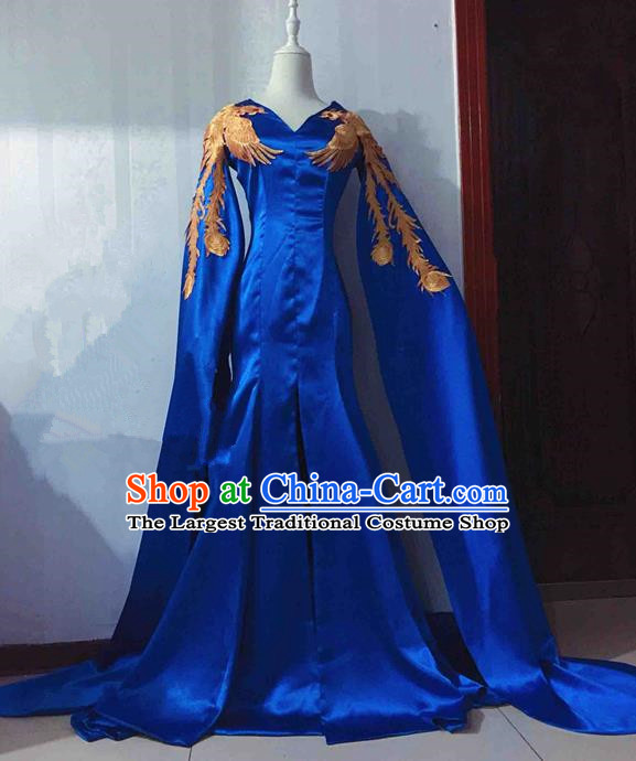 Traditional Chinese Modern Fancywork Costume National Embroidered Phoenix Blue Full Dress for Women