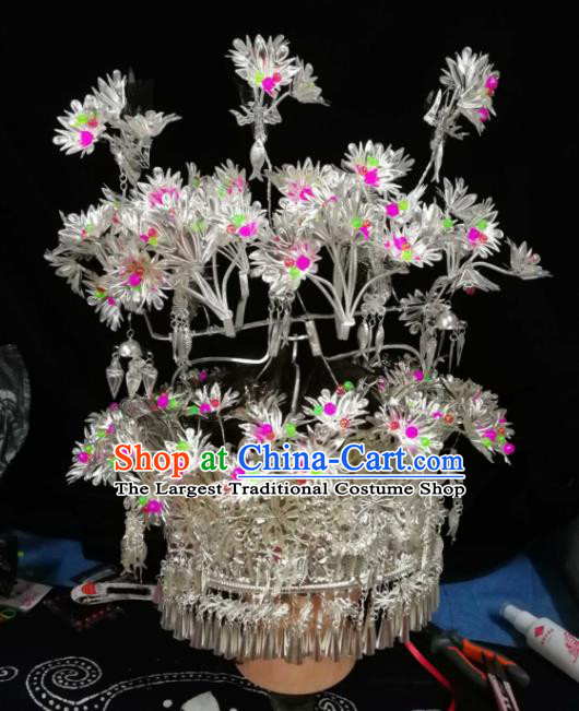 Chinese Traditional Ethnic Headwear Miao Nationality Bride Wedding Sliver Phoenix Coronet for Women