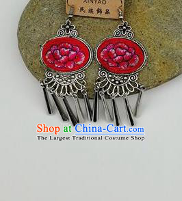 Chinese Traditional Ethnic Jewelry Accessories Miao Nationality Embroidered Peony Red Earrings for Women