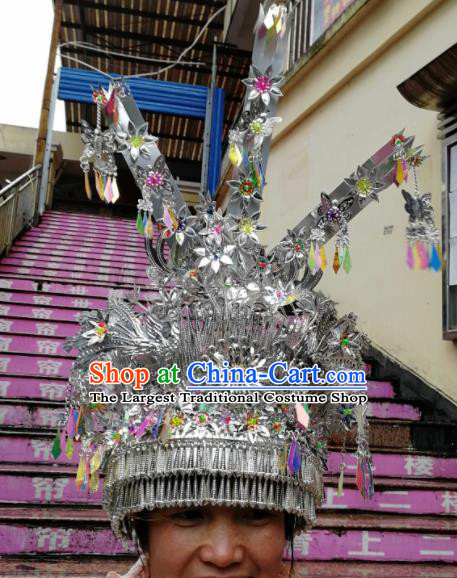Chinese Traditional Ethnic Sliver Headwear Miao Nationality Bride Wedding Phoenix Coronet for Women