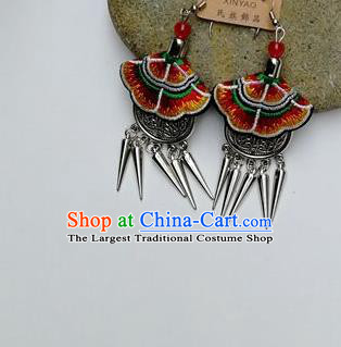 Chinese Traditional Ethnic Jewelry Accessories Miao Nationality Embroidered Red Earrings for Women