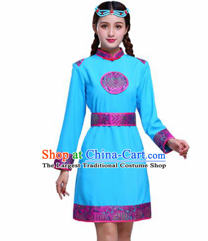 Chinese Traditional Mongolian Ethnic Female Costumes Mongol Nationality Blue Dress for Women