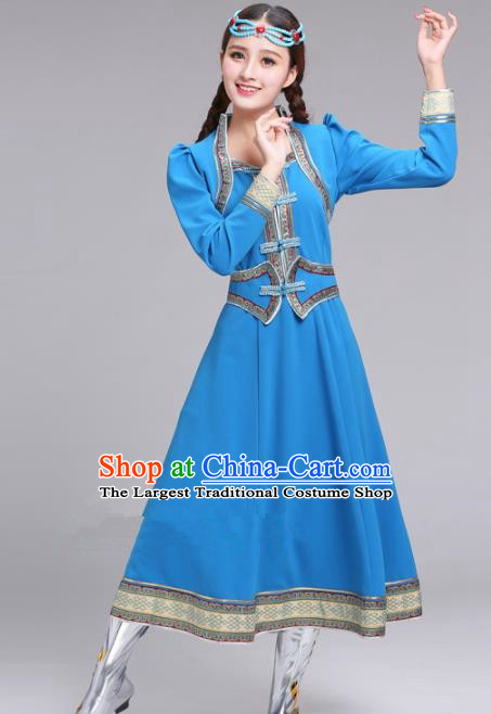 Chinese Traditional Mongolian Ethnic Blue Dress Mongol Nationality Costumes for Women