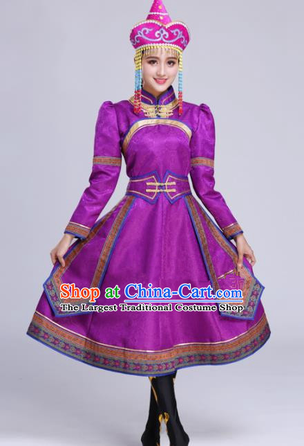 Chinese Traditional Mongolian Ethnic Folk Dance Purple Dress Mongol Nationality Costumes for Women