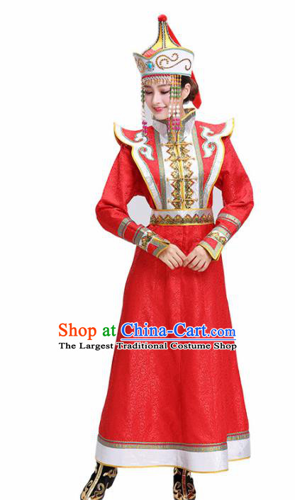 Chinese Traditional Mongolian Ethnic Bride Red Dress Mongol Nationality Folk Dance Costumes for Women