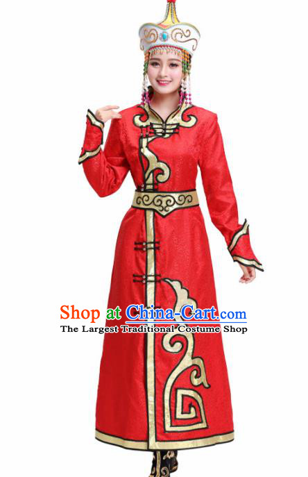 Chinese Traditional Mongolian Ethnic Princess Red Dress Mongol Nationality Folk Dance Costumes for Women