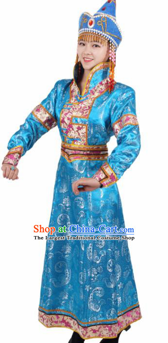 Chinese Traditional Mongolian Ethnic Blue Brocade Dress Mongol Nationality Folk Dance Costumes for Women